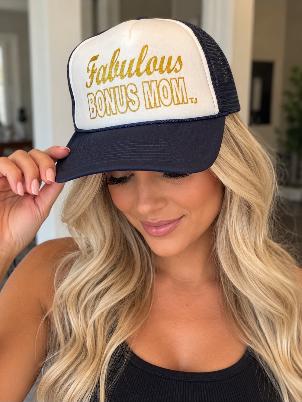 Navy & White 'Fabulous Bonus Mom' Trucker Hat with Gold Lettering